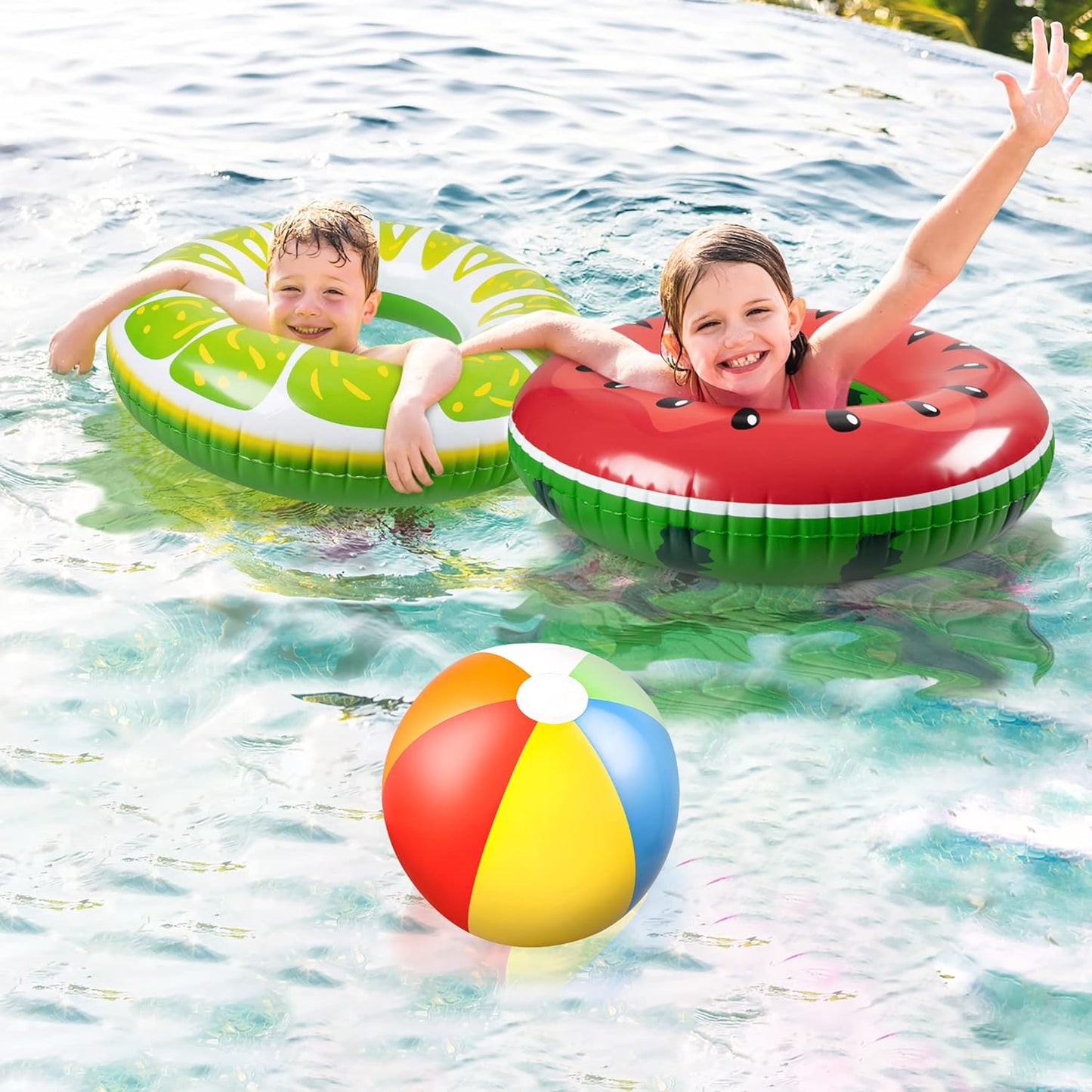 7PCS Fruit Pool Floats: Watermelon Kiwi Orange Lemon Swimming Rings with 13.5" Beach Balls - Inflatable Tubes Floaties Toys for Kids Adults