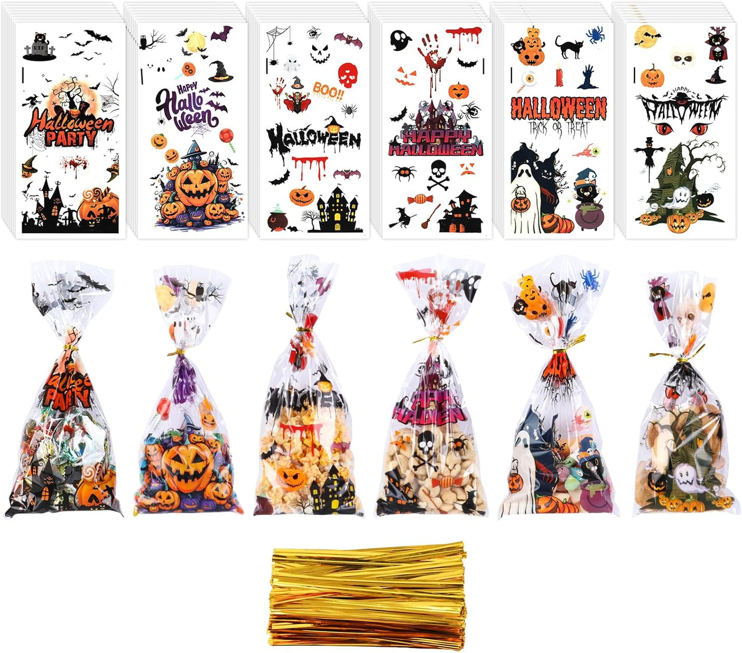 Halloween Cellophane Treat Bags, 180Pcs Halloween Trick or Treat Goodie Gags with 200Pcs Gold Twists for Snacks Cookies Candies Packing, Red Eye Halloween Candy Bags Party Favor Supplies