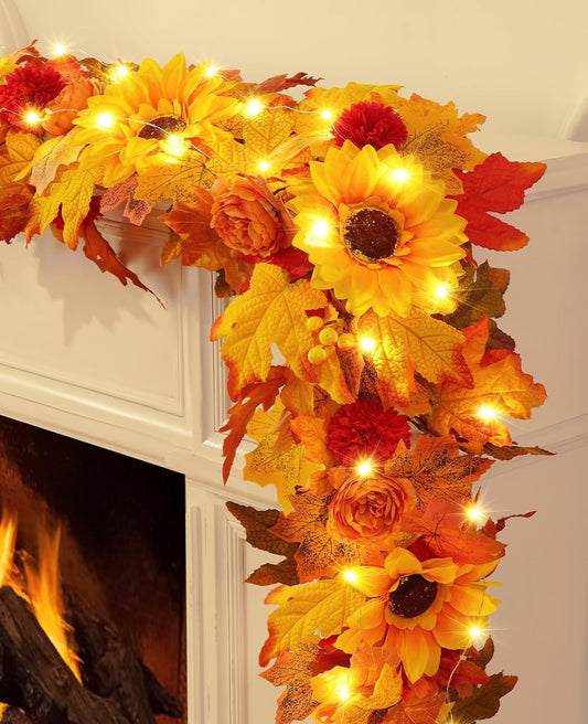 Fall Decor Fall Garland, 5.9 Ft/Piece Fall Garland for Mantle, Fall Garland with Lights Sunflower Maple Leaves Peony Marigold for Home Indoor Outdoor Decor