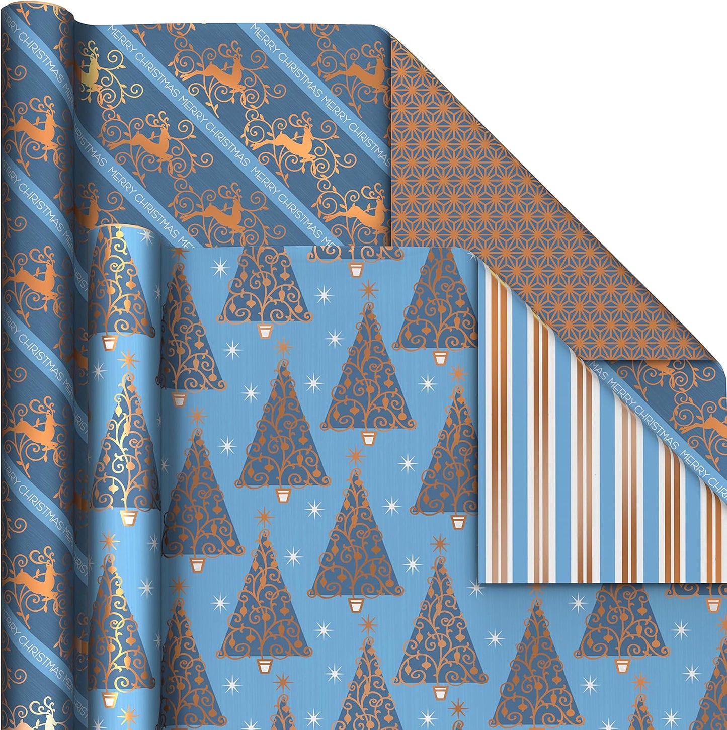 Reversible Christmas Wrapping Paper Bundle, Elegant Blue and Gold (4 Rolls: 150 Sq. Ft. Ttl.) Dark Blue, Gold, Teal Snowflakes, Peace, Stripes, Geometric