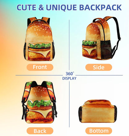 Hamburger Backpack for Boys Girls Funny Laptop Travel Laptop Daypack School Bag with Multiple Pockets for Kids17-Inch