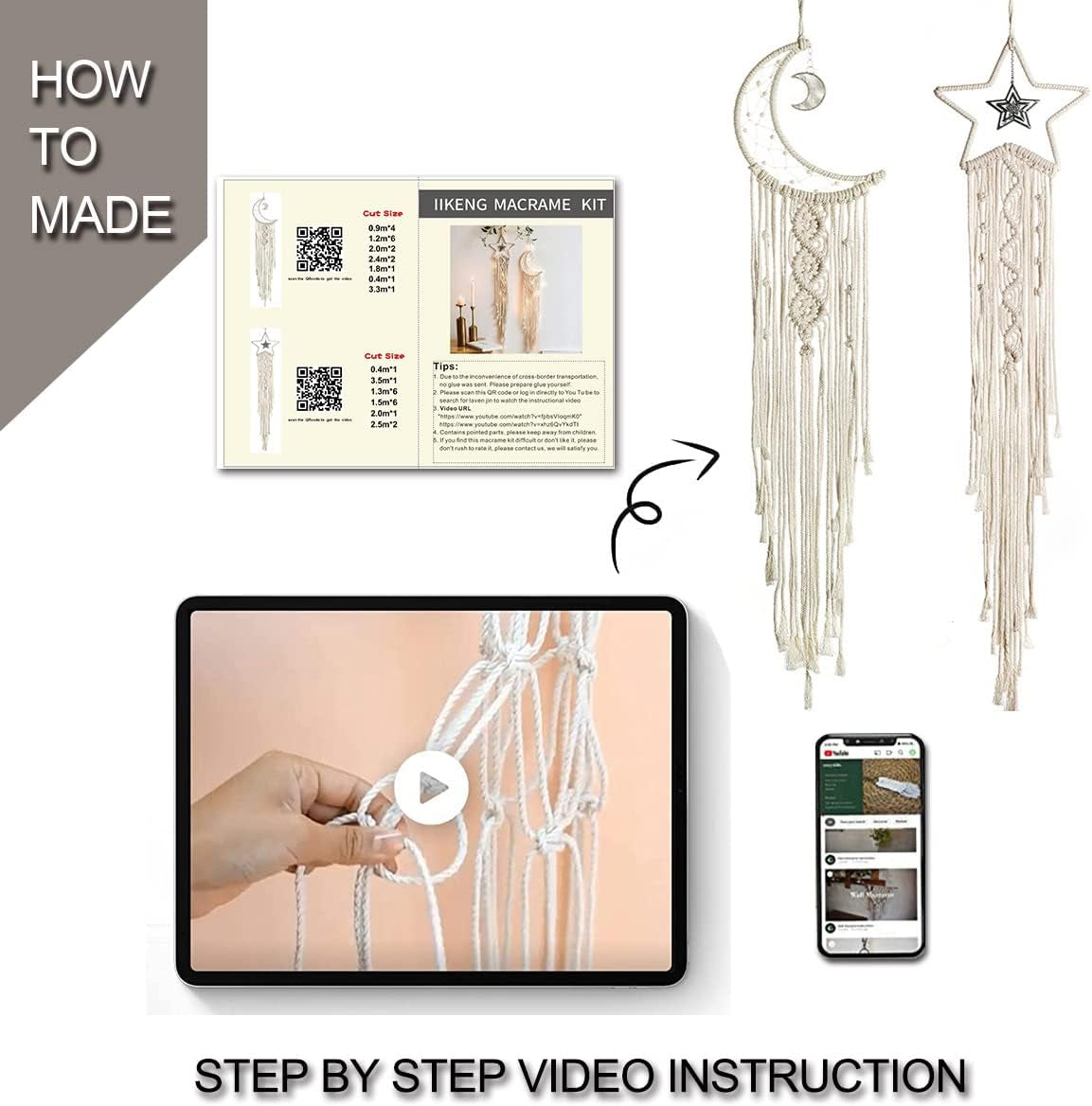 Moon+Star Macrame Kit, 2 in 1 Macrame Kits for Adults Beginners, Includes Macrame Cord and Instruction with Video, Macrame Wall Hanging Supplies, Craft Kits for Adults DIY Dream Catcher Kit