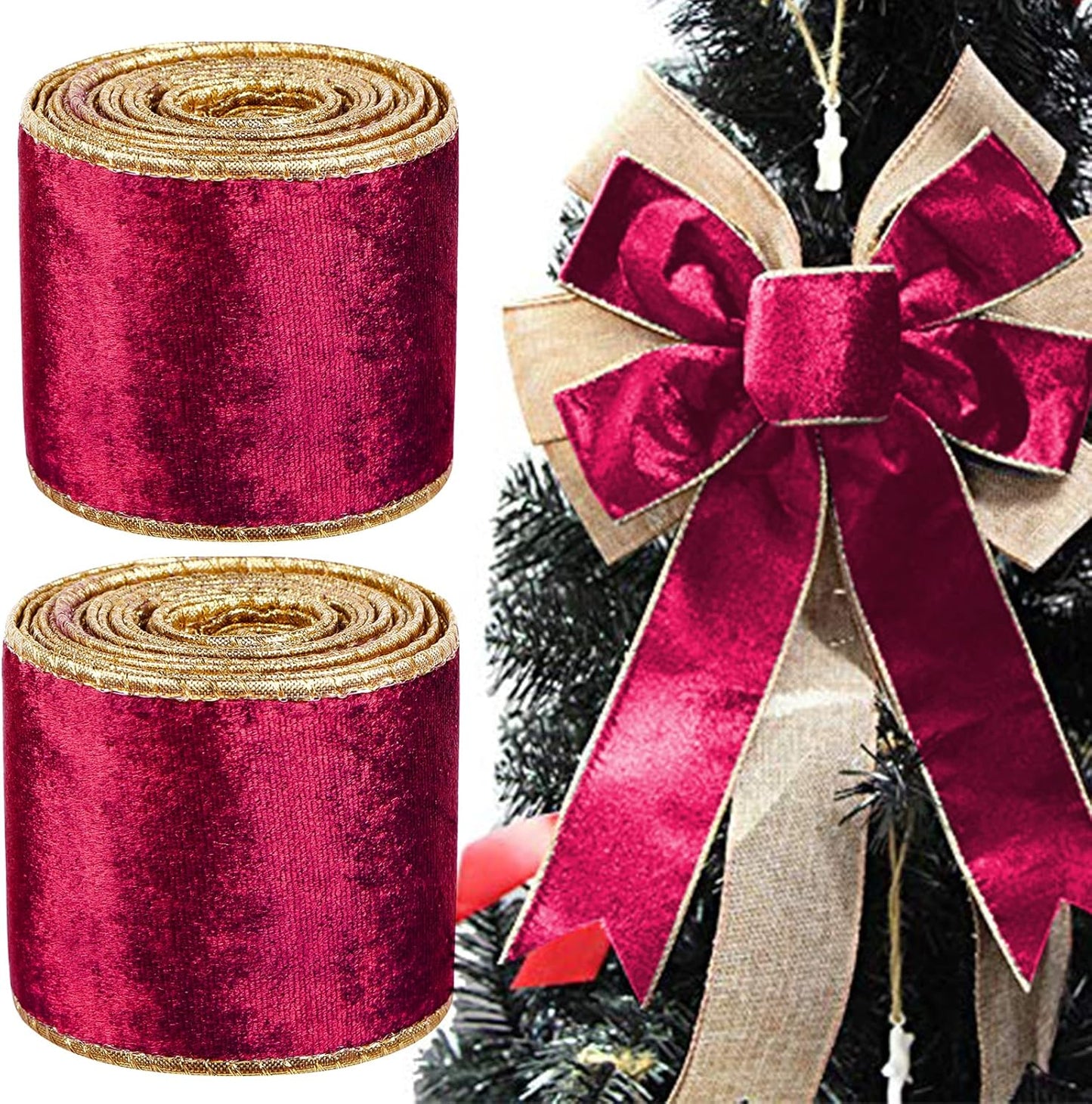 Dark Red Wired Velvet Ribbon for Gift Wrapping, Chrisrtmas Tree (2-1/2 Inch, 5 Yards*2 Rolls)