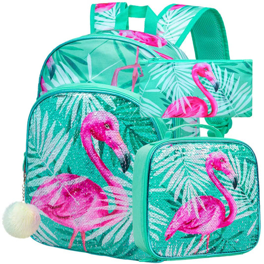 3PCS Kids Backpacks for Girls, 16" Little Kid Flamingo Sequin Preschool School Bookbags and Lunch Box