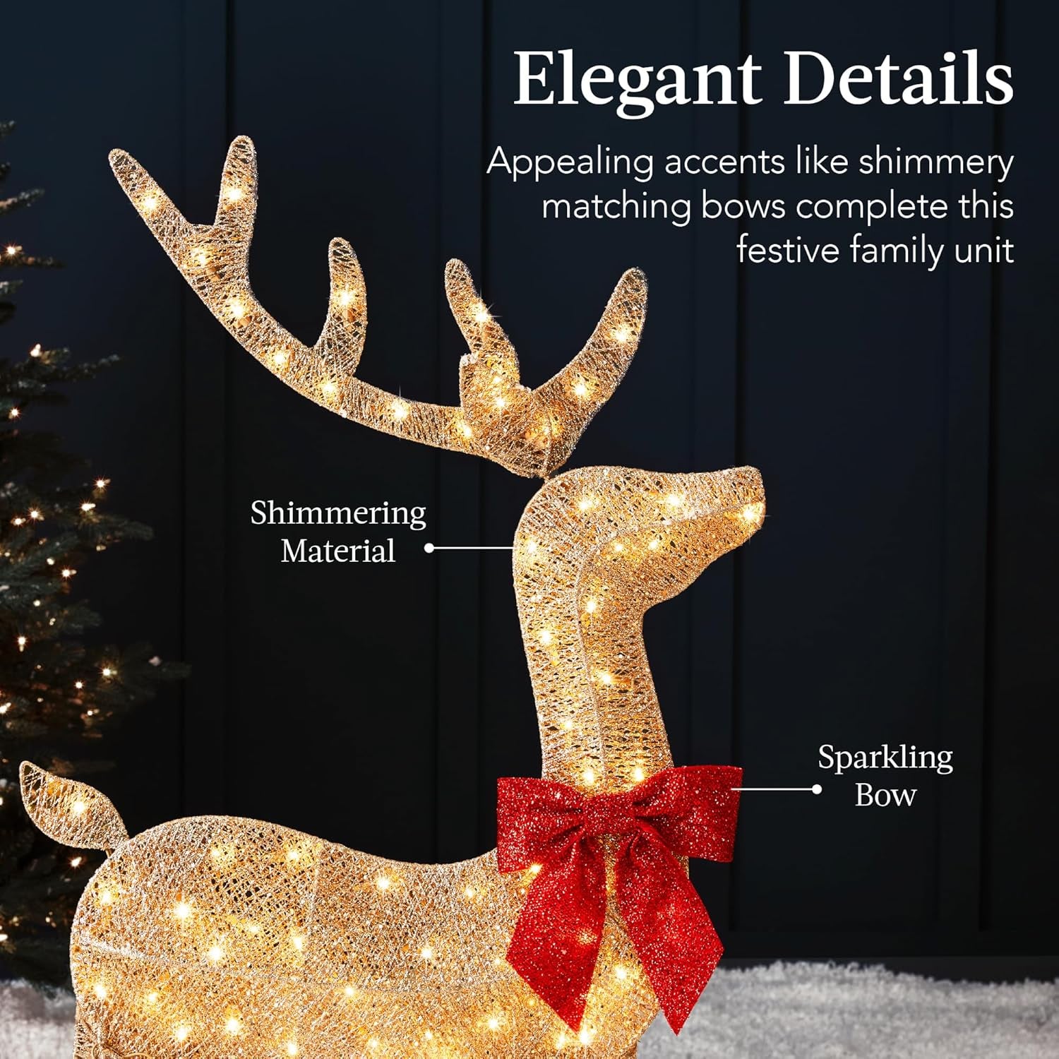 4Ft 3-Piece 2D Lighted Christmas Deer Family Set, Large Outdoor Yard Reindeer Holiday Decoration with 175 LED Lights, Stakes, Zip Ties - White