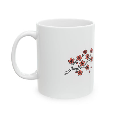 Cherry Blossom Branch Ink Wash | 11oz Ceramic Coffee Mug, Sublimation Print | Family & Friend Gift | Chicken Scratch Irony