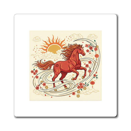 Galloping Horse Sunrise | Fire Horse Lunar New Year Magnet | Lunar New Year Family & Teacher Gift | Red Gold Paper-Cut Style
