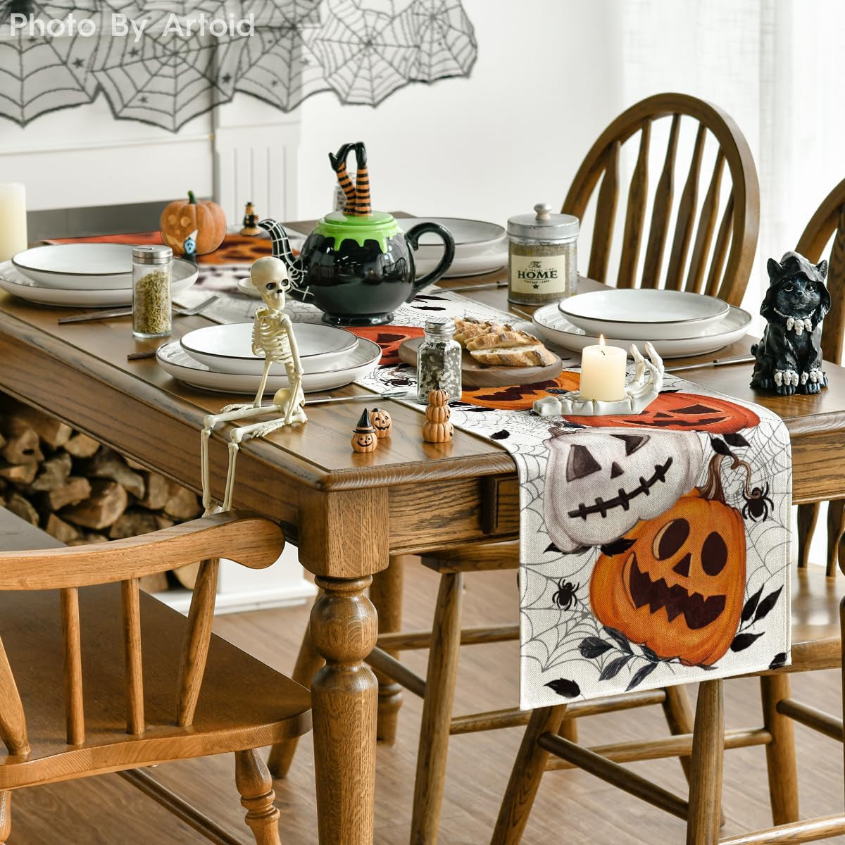 Black Pumpkins Spider Web Halloween Table Runner, Seasonal Fall Kitchen Dining Table Decoration for Home Party Decor 13X108 Inch