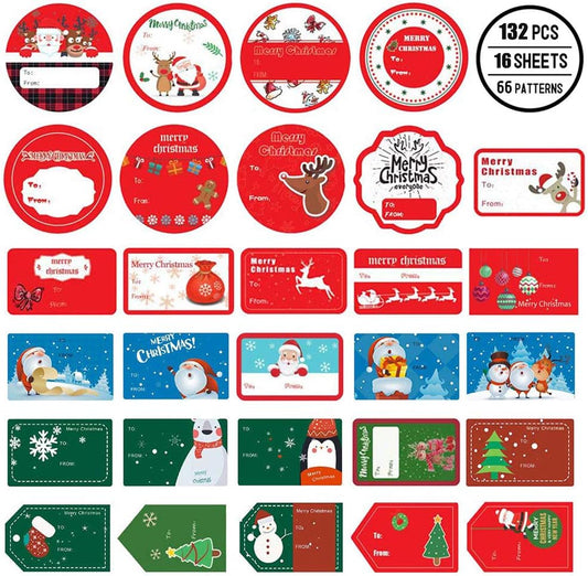 132 PCS Christmas Tags Stickers Self Adhesive Santa Snowmen Xmas Tree Deer Christmas Festival Birthday Wedding Holiday Decorative Presents Labels