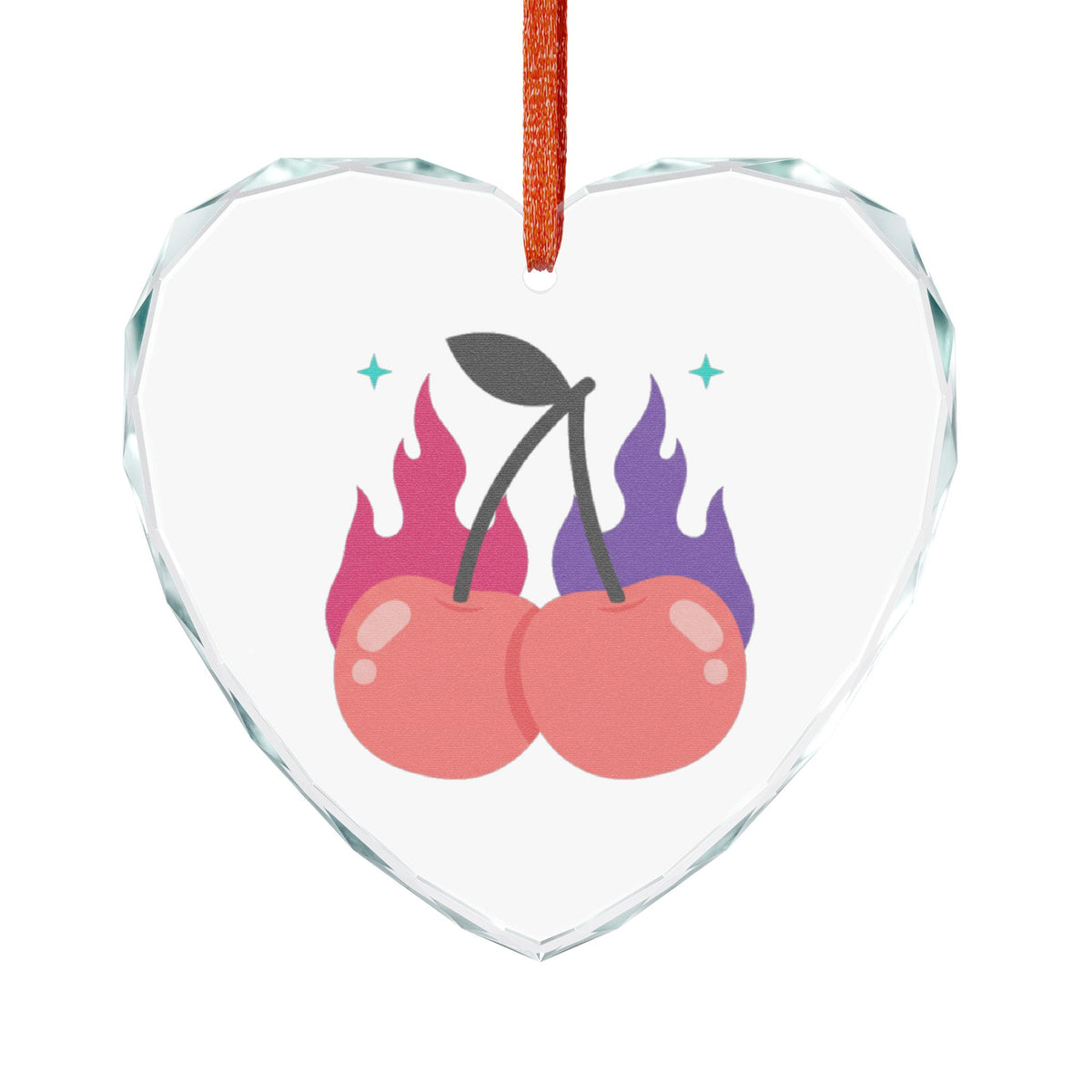 Cherry Pair Flames | Heart Crystal Glass Ornament for Valentine Decor | Galentine’s, Couples, Friends | Y2K Aesthetic