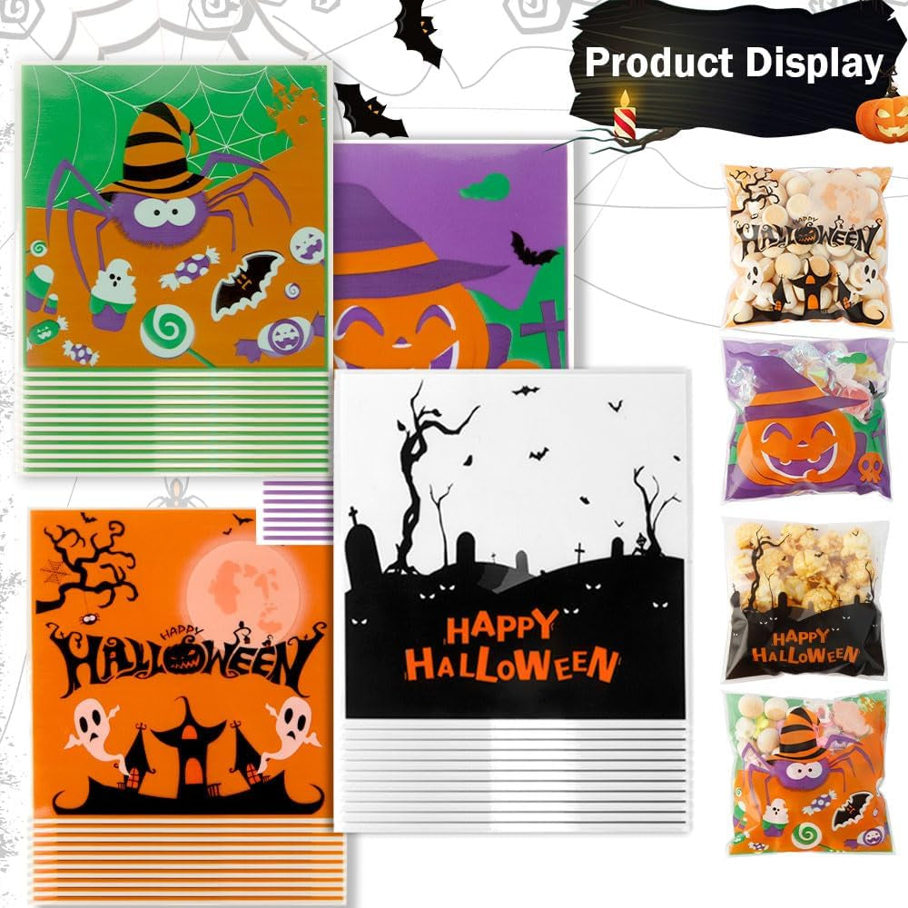 Halloween Treat Bags, 100PCS Self-Sealing Halloween Candy Bags, Halloween Trick or Treat Bags Halloween Cellophane Treat Bags Bulk Halloween Decorations Halloween Goodie Bags Snack Bags for Candy