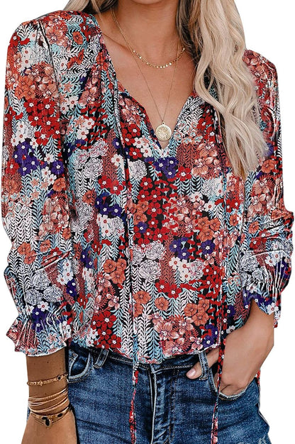 Women'S Casual Boho Floral Printed V Neck Tops Drawstring Short Long Sleeve T Shirt Blouses