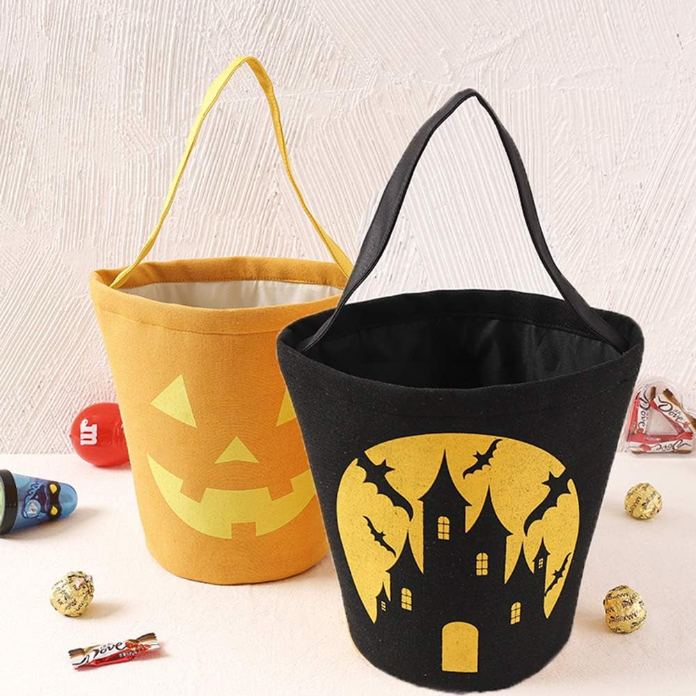 Halloween Trick or Treat Bag, Pumpkin Canvas Candy Tote Bucket Multipurpose Portable Collapsible Reusable Goody Bucket - Best Halloween Party Gifts