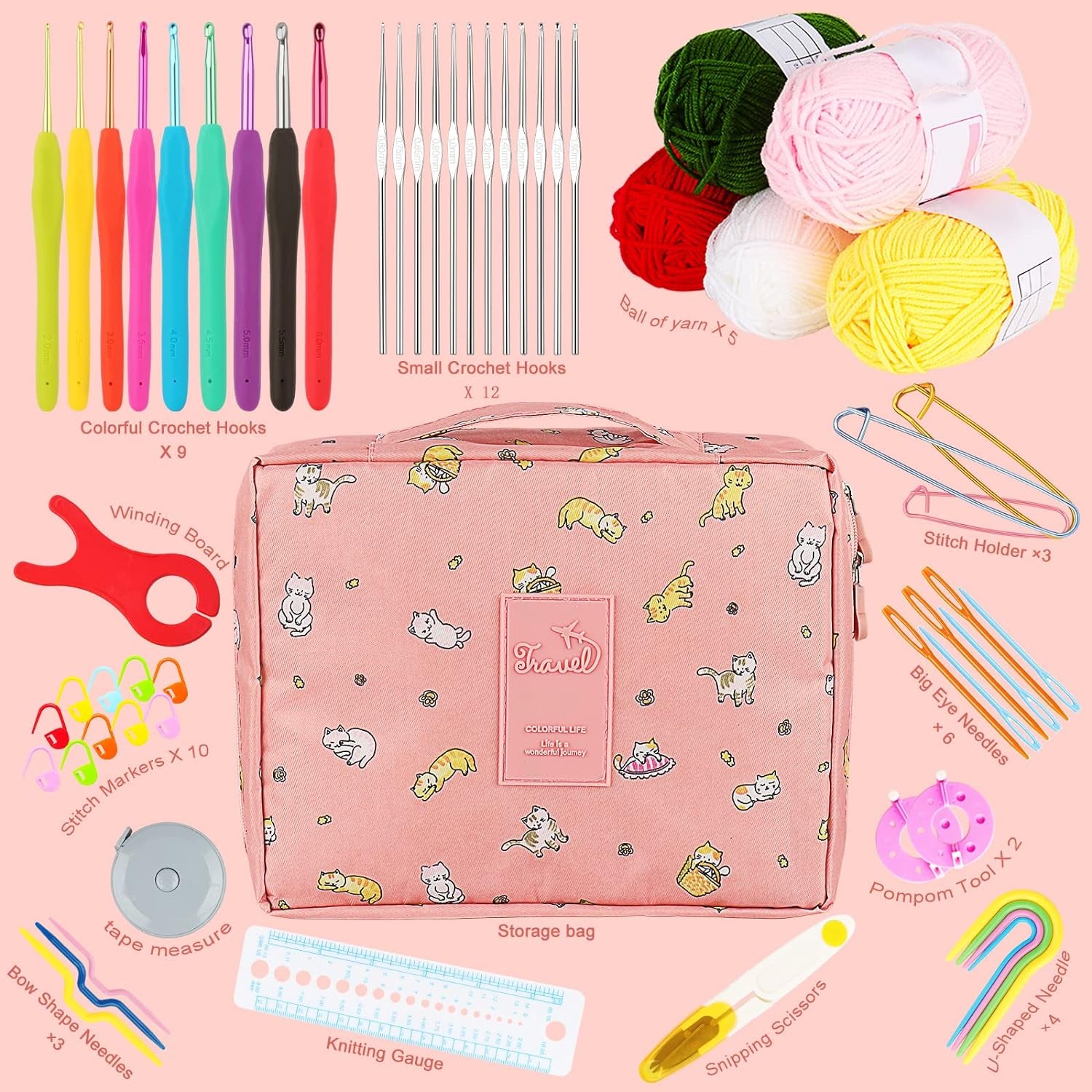 Crochet Kit for Beginners Adults, Crochet Kits Include Yarn, 59Pcs Crochet Starter Kit for Beginners Kids,Ergonomic Crochet Hooks 2.0-6.0 Mm, Lace Steel Needles 0.6-1.9 Mm