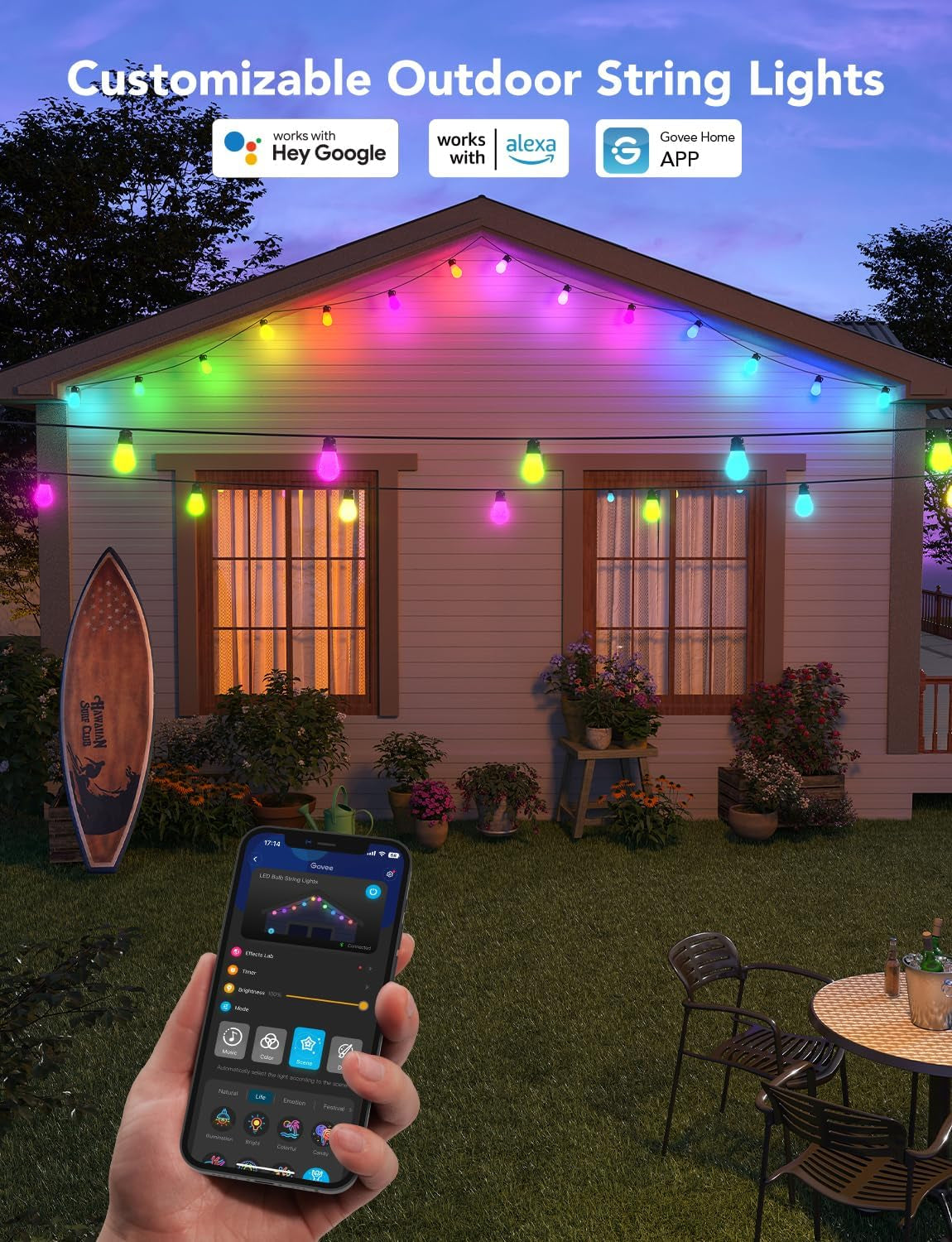 Smart Outdoor String Lights H7021, RGBIC Warm White 96Ft (2 Ropes of 48Ft) LED Bulbs, Wifi Patio Lights Work with Alexa, Google, APP Control, IP65 Waterproof Halloween Decorations, Christmas