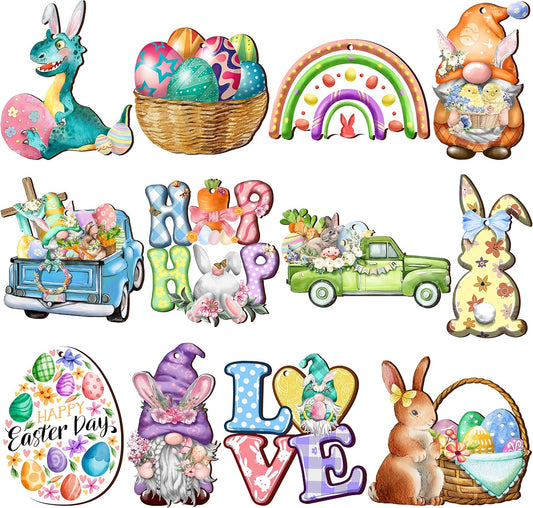 24 Pieces Easter Wooden Hanging Ornaments, Wood Hanging Decor for Tree Decoration Happy Easter Egg Gnome Bunny Wooden Hanging Craft Easter Spring Party Supplies Home Decor