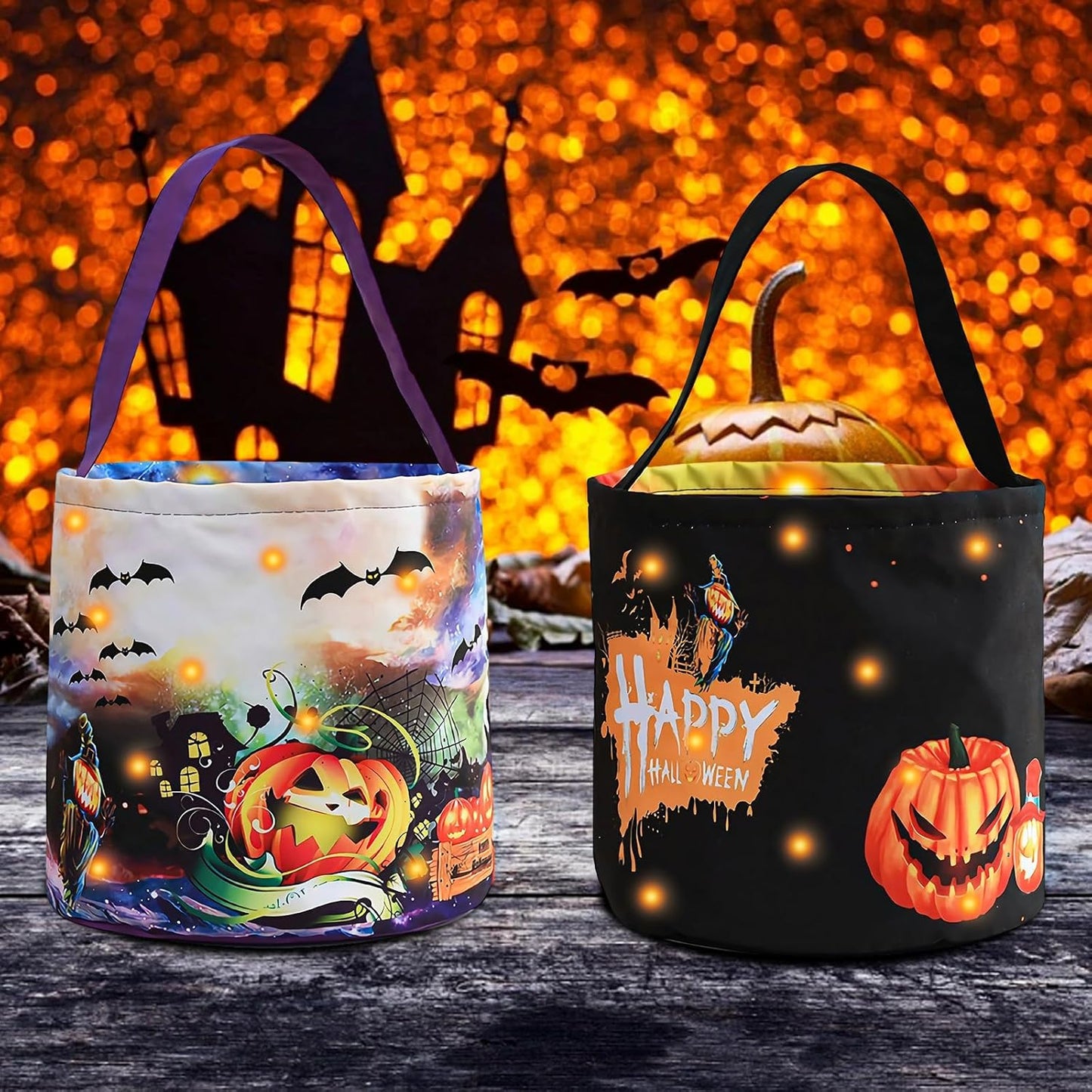 Halloween Trick or Treat Candy Bags LED Light up Pumpkin Bucket, Collapsible Reusable Candy Basket, Fabric Tote Gift Goody Bags for Kids Halloween Party (Black+Purple-Led)