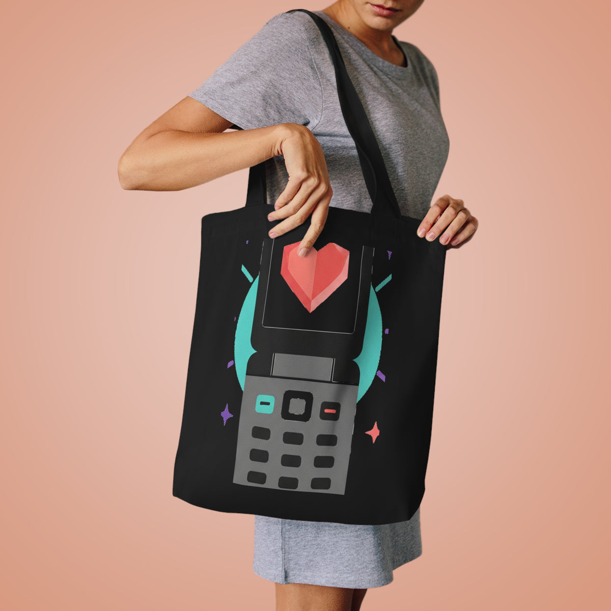 Y2K Flip Phone Heart Screen | Cotton Tote Bag for Everyday Carry | Valentine & Galentine Gift | Aesthetic Pink Tech
