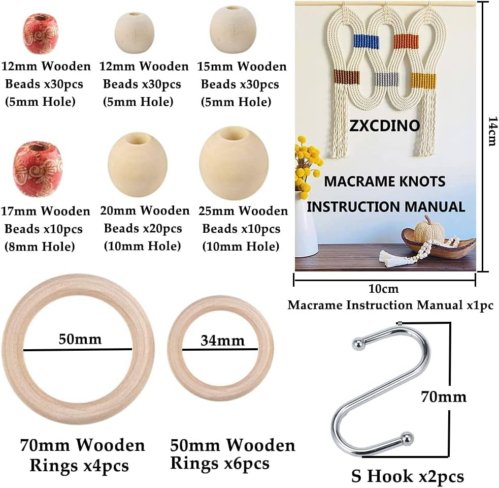 152Pcs Macrame Kits for Beginners 3Mm X 220Yards Natural Cotton Macrame Cord with Wooden Beads,Wooden Rings,Wooden Sticks,Metal Rings Macrame Supplies Best for Macrame Plant Hanger