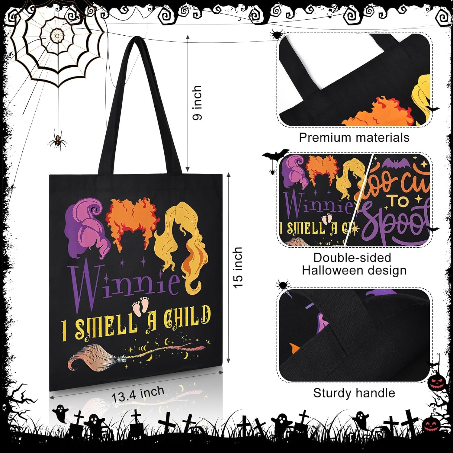 Halloween Tote Bag Trick or Treat Bag Halloween Canvas Bags Reusable Large Halloween Gifts Grocery Candy Bag for Kids