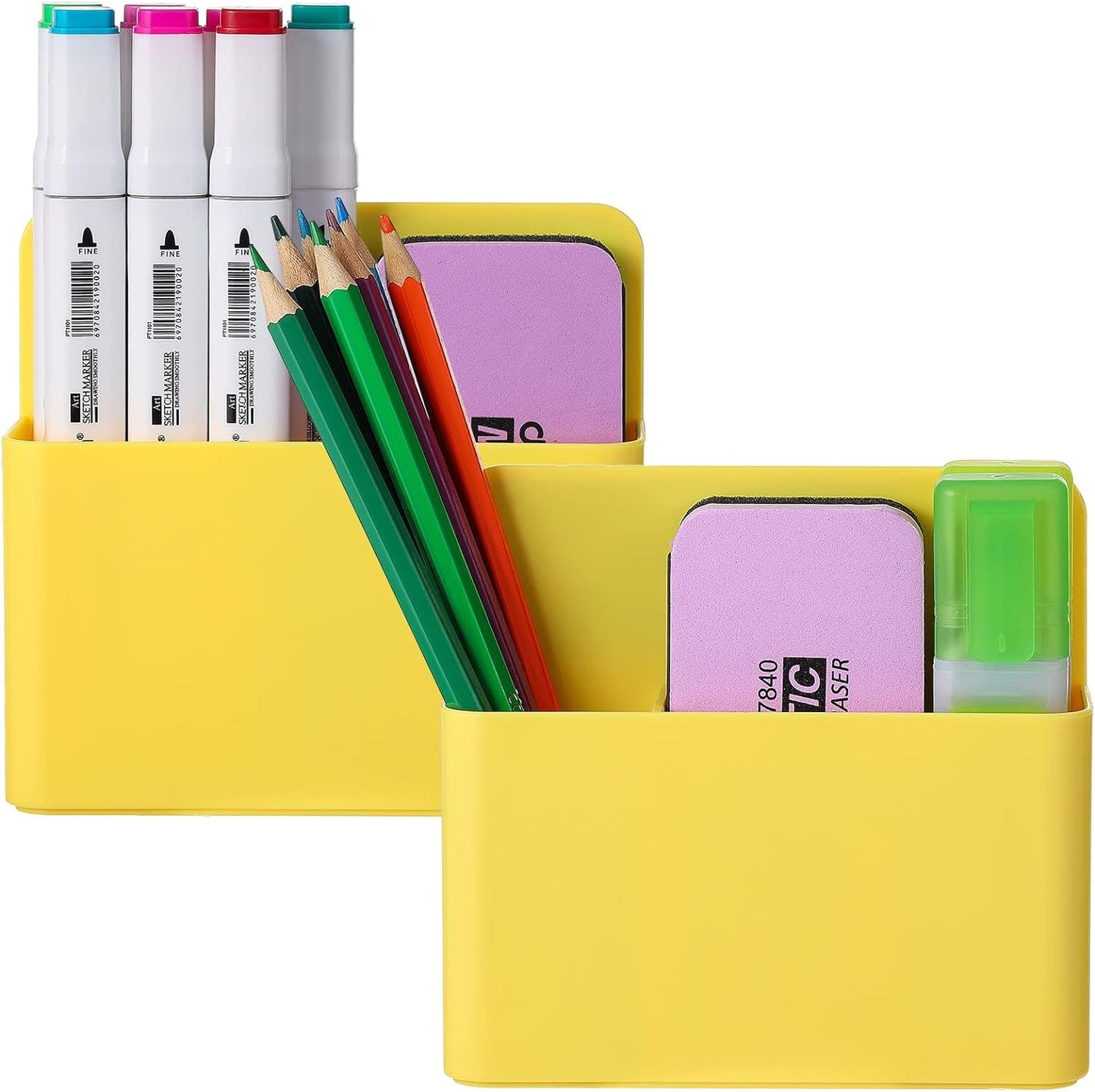 Magnetic Dry Erase Marker Holder,Pen and Eraser Holder for Whiteboard，Magnet Pencil Cup Utility Storage Organizer for Office, Refrigerator, Locker and Metal Cabinets (2 Pack)