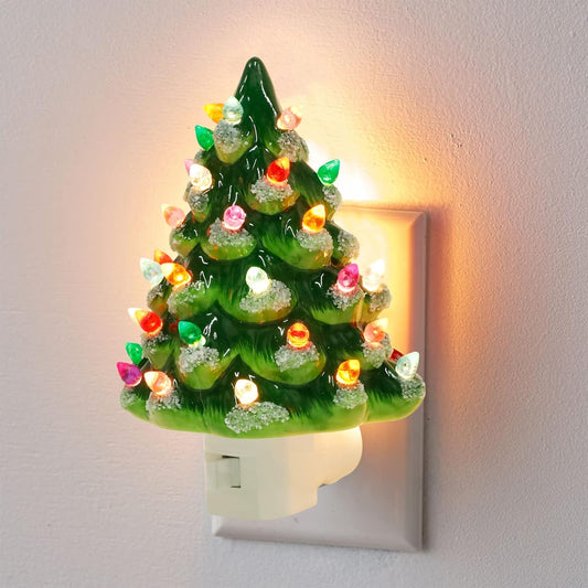 Christmas Ceramic Tree Night Light, Decorative Snow Covered Xmas Tree Nightlight with Lamp, Multicolor Bulbs & 360 Degree Swivel Plug with On/Off Switch for Home Bathroom Bedroom Decor