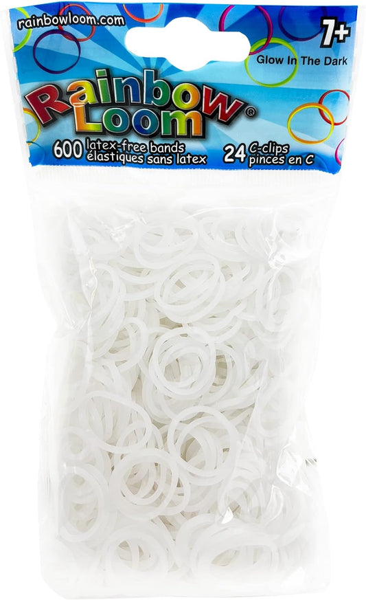 ® GLOW in the Dark Collection: White Rubber Bands with 24 C-Clips (600 Count)
