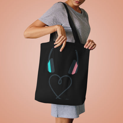 Headphones Heart Cord Graphic | Cotton Tote Bag for Music Lovers | Valentine & Galentine Gift for Friends | Y2K Aesthetic