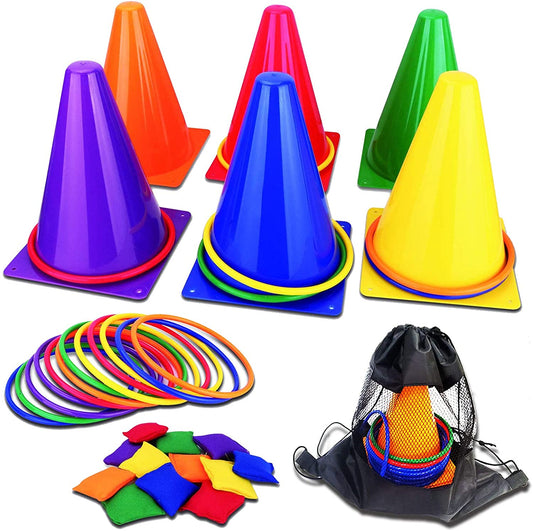 31PCS 3 in 1 Carnival Outdoor Games Combo Set for Kids, Soft Plastic Cones Bean Bags Ring Toss Game, Gift for Birthday Party/Xmas