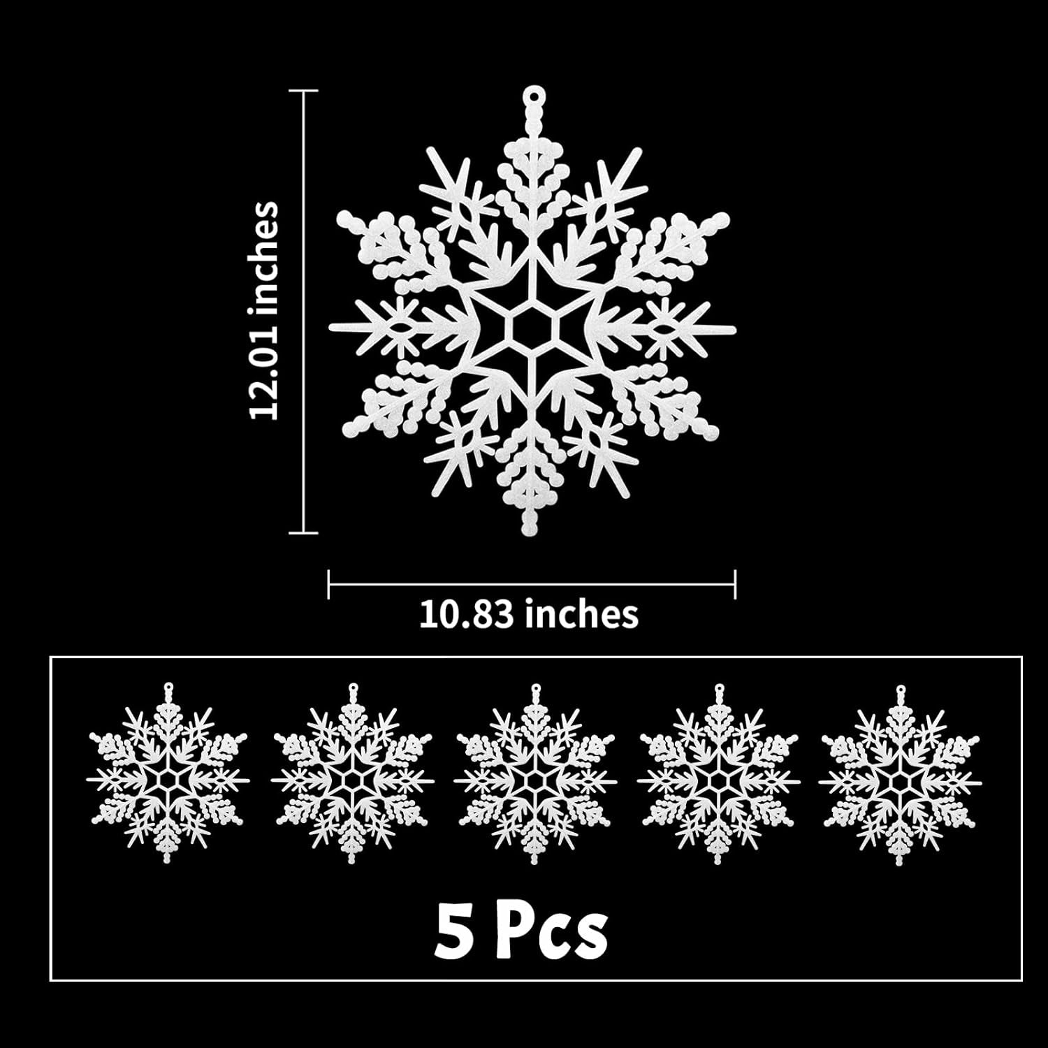 Large Snowflakes Set of 5 White Glittered Snowflakes  12In Plastic Christmas Decorative Hanging Ornaments Window Decor Winter Outdoor Decorations