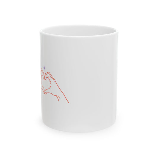 Line Art Heart Hands | 11oz Ceramic Coffee Mug, Minimalist Love | Valentine & Galentine Gift for Friends & Family | Aesthetic