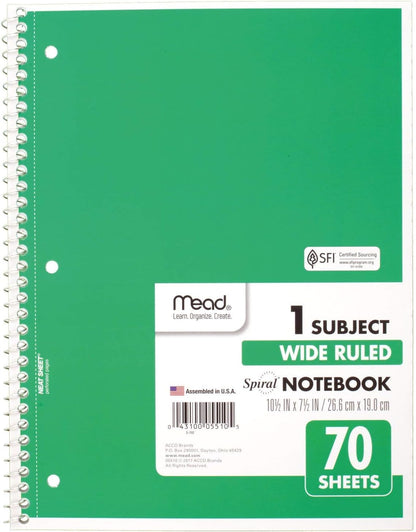 Spiral Notebook, 6 Pack, 1-Subject, Wide Ruled Paper, 7-1/2" X 10-1/2", 70 Sheets per Notebook, Color Will Vary ()