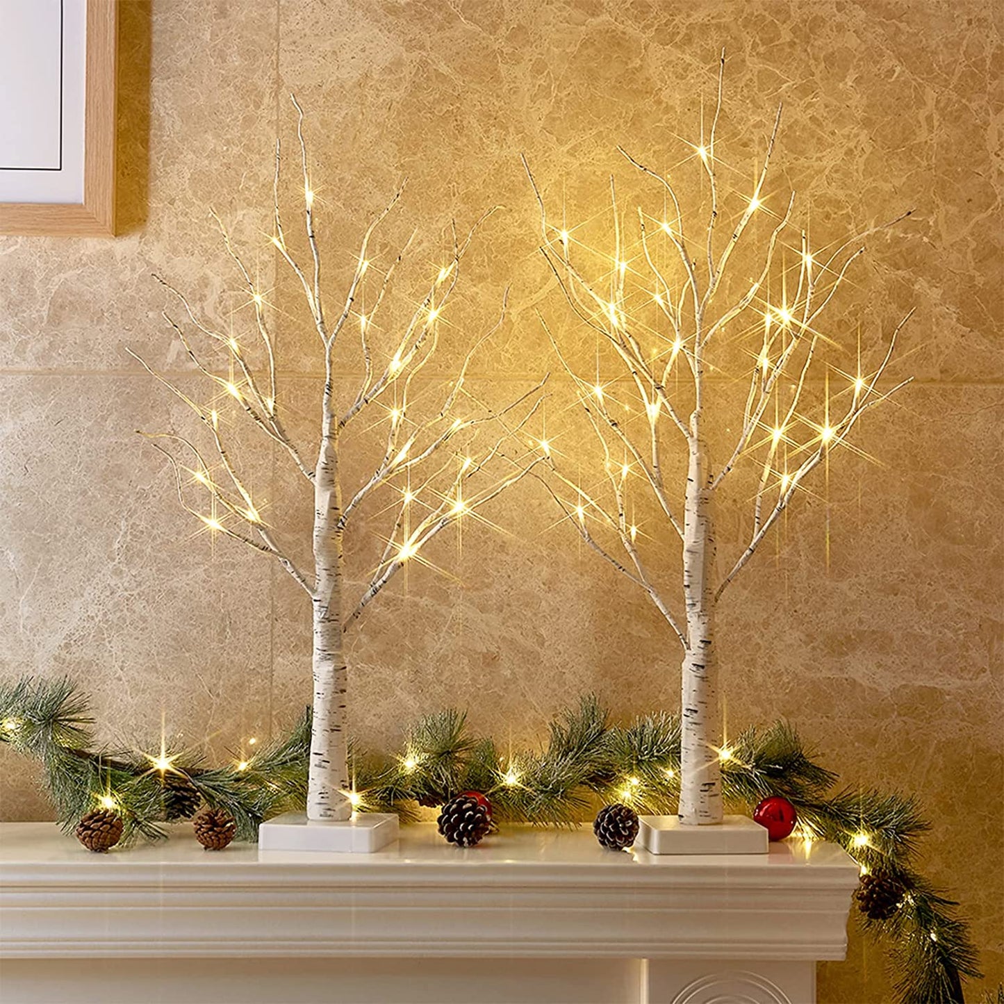 Christmas Tree for Home Decor, 2 FT Tabletop Tree with LED Lights, White Birch Tree with Lights, Fairy Light Tree for Room inside Fireplace Christmas Decorations, Battery Powered, Timer (4PK)