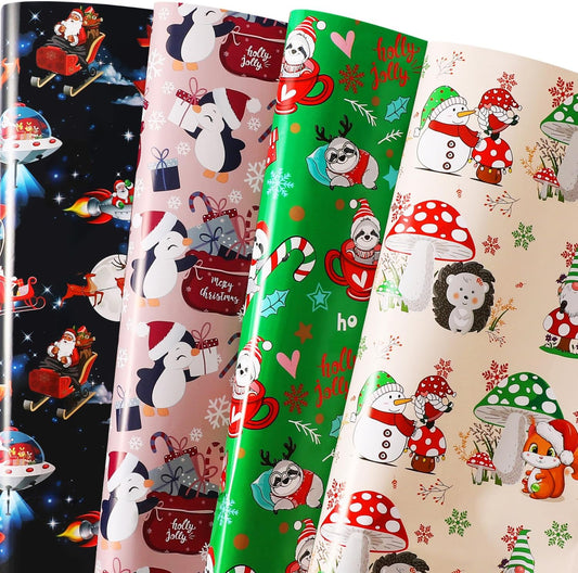 Christmas Wrapping Paper for Kids Boys Girls - Funny Xmas Holiday Gift Wrap with Gnomes, Santa, Penguins, Sloths for Party - 8 Large Sheets, Cute Design, 27 X 37 Inch, High Gloss