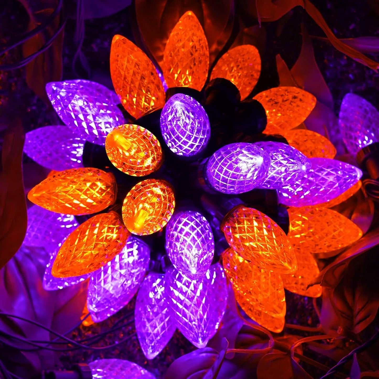 2PK 100 LED 98FT Orange and Purple C9 Halloween Lights Waterproof Indoor Outdoor, Extendable Halloween String Lights Green Wire for outside Party Trees Fall Lights Garden Halloween Decorations