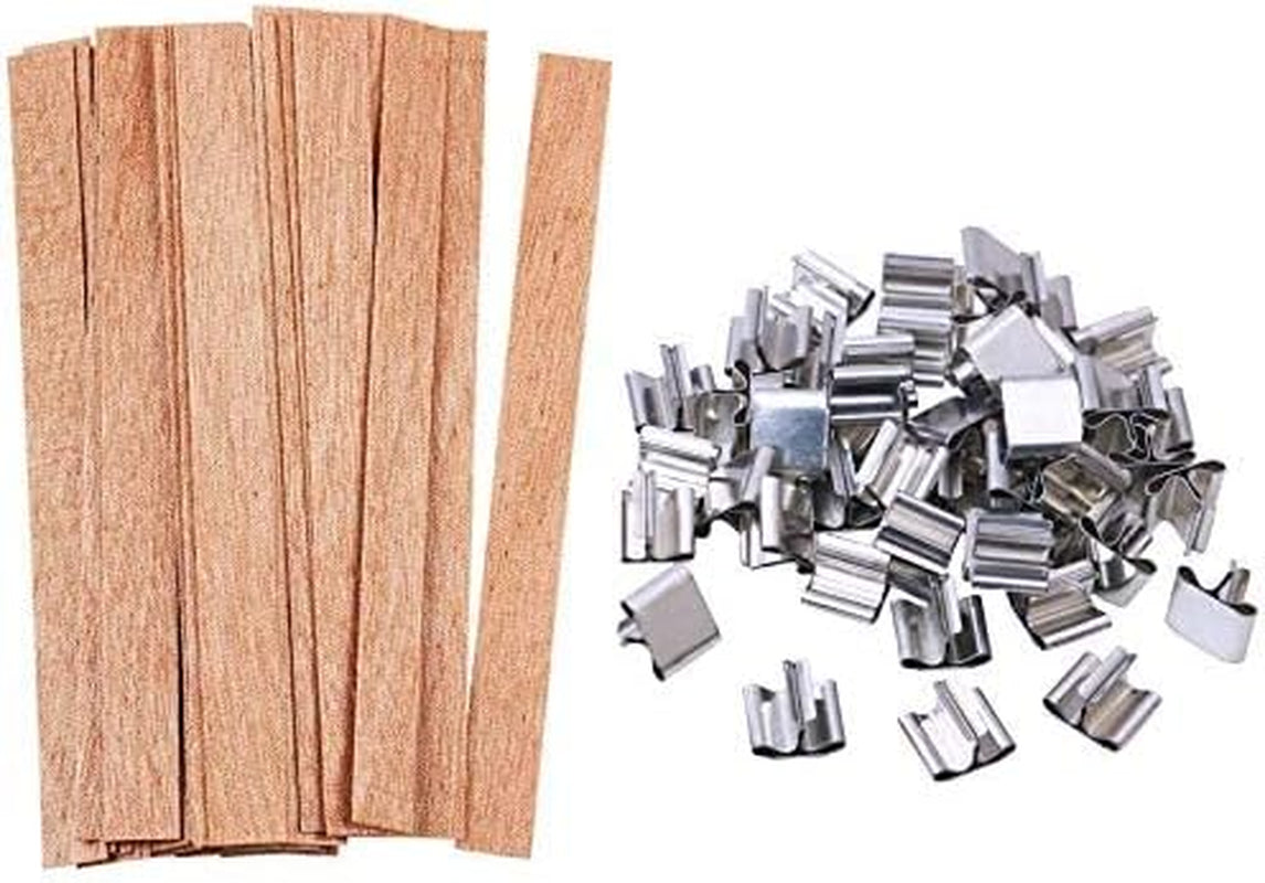 100Pcs Wooden Candle Wicks, Candle Making Wicks 5.1 X 0.5 Inch Naturally Smokeless Wooden Candle Wicks Candle Cores with Iron Stand for DIY Candle Making(50 Set)