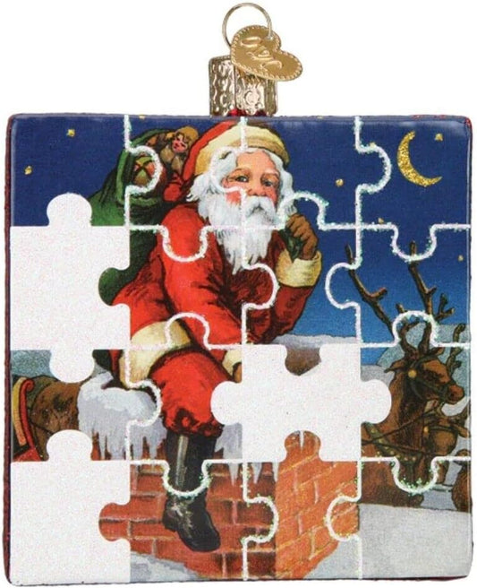 Santa Jigsaw Puzzle Glass Blown Ornament for Christmas Tree