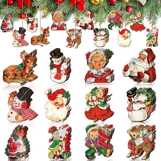 36 Pcs Vintage Christmas Ornaments Wooden Christmas Tree Ornaments Snowman Snowflake Santa Wood Cutouts Rustic Farmhouse Christmas Tree Decorations for Home Xmas Winter Party (Classic)