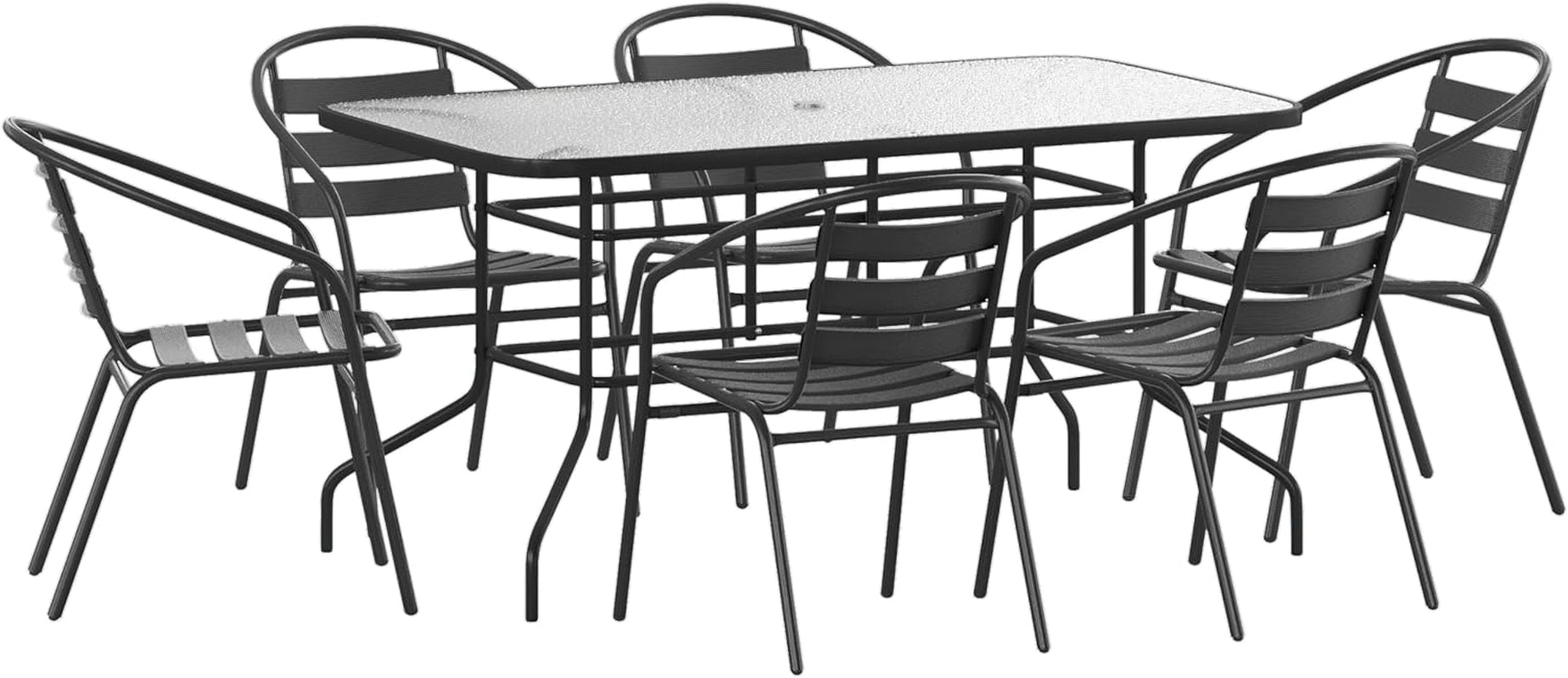 Lila 7 Piece Patio Dining Set - 55" Tempered Glass Patio Table with Umbrella Hole, 6 Black Metal Aluminum Slat Stack Chairs