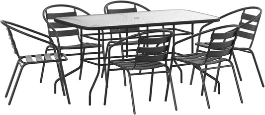 Lila 7 Piece Patio Dining Set - 55" Tempered Glass Patio Table with Umbrella Hole, 6 Black Metal Aluminum Slat Stack Chairs