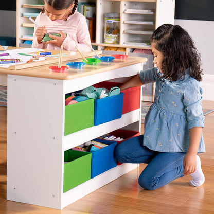 Arts and Crafts Center: Kids Activity Table and Drawing Desk with Stools, Storage Canvas Bins, Paper Roller, and Paint Cups | Toddlers Work Station - Children'S Wooden Learning Furniture
