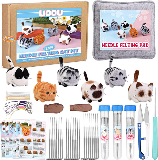 Needle Felting Beginners Kit with Box,Needle Felting Supplies with 24Pcs Felting Needles, Felting Pad,Wool Roving,Diy Needle Felting Cat Dolls