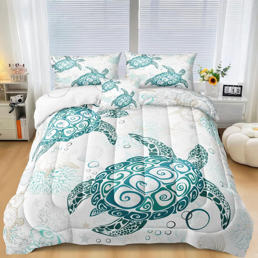 Sea Turtle Comforter Set Queen Size Coastal Bedding Set for Boys Girls Teens 4 Pieces Sea Turtle Bedding Set for Room Decor Teal Tortoise Pattern Ocean Beach Themed Bedding Set for Summer