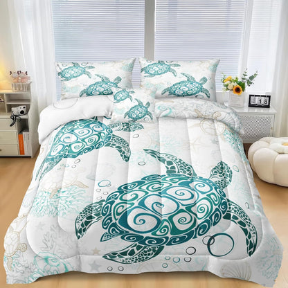 Sea Turtle Bedding Set King Size Beach Theme Bedding Set Teal Blue Sea Turtle Pattern Design Underwater World Coastal Bedding Set 4 Pieces Ocean Summer Comforter Set for Room Decor