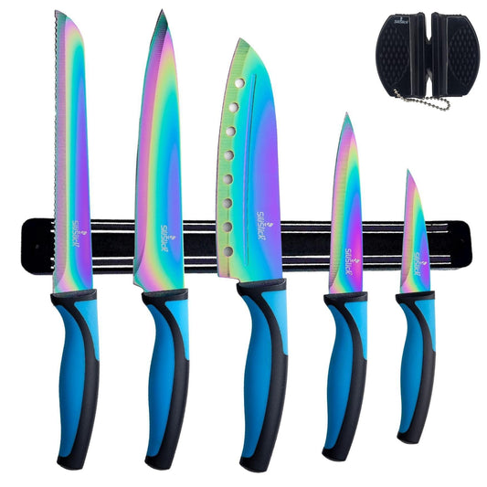 Kitchen Knife Set Kit 5 Dishwasher Safe Colorful Knives Knife Sharpener & Magnetic Wall Bar Titanium Non Stick Plating Stainless Steel - Loomini