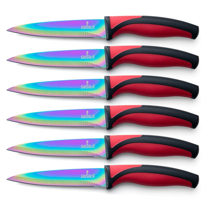 Stainless Steel Steak Knife Set Titanium Coated Colorful Kitchen Knives with Straight Edge Smooth & Sharp Rainbow Iridescent Kitchen Gifts & Accessories - Loomini