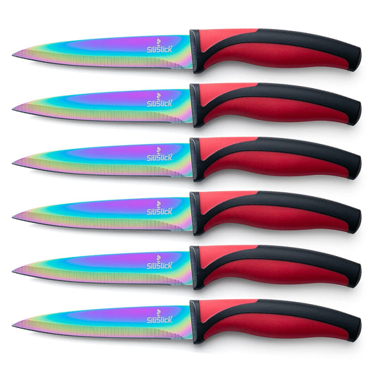 Stainless Steel Steak Knife Set Titanium Coated Colorful Kitchen Knives with Straight Edge Smooth & Sharp Rainbow Iridescent Kitchen Gifts & Accessories - Loomini