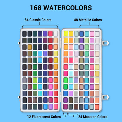 Watercolor Paint Set, 168 Vivid Colors with Regular, Macaron, Metallic & Fluorescent Colors, Travel Watercolor Set Including Palette, Water Brush Pens, Art Supplies Kit Great for Artists, Beginners