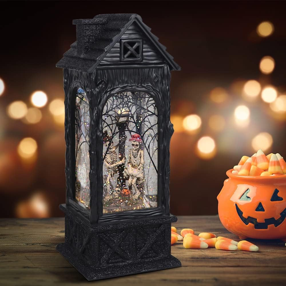 Halloween Skeleton Snow Globe Lantern Ghost Projection Lamp with 6 Hour Timer, Battery Operated & USB Powered LED Spinning Water Glittering Globe Halloween Decoration Parties(11”, 3AA)