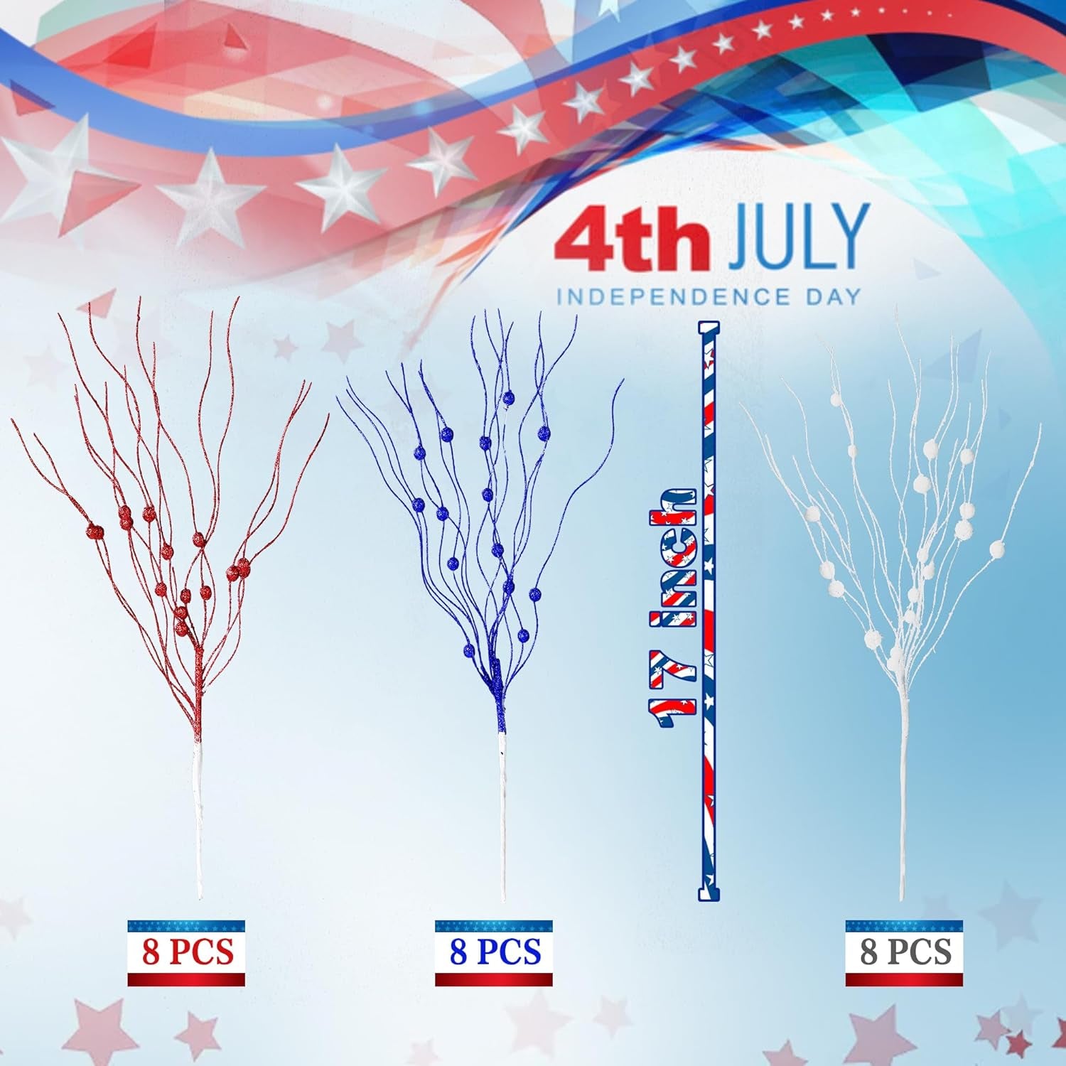 24 Pack Artificial Glitter Berry Stem Ornaments 17 Inches Fake Patriotic Picks Decorative Red White Blue Glitter Sticks for 4Th of July Independence Day Memorial Day DIY Crafts Home Decor